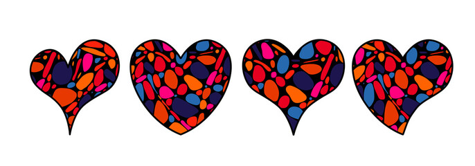 Vector abstract objects in the shape of heart in zen doodle style