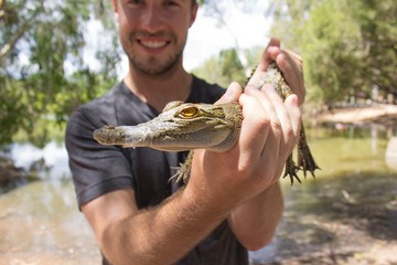 Man holding a small crocodile with bare hands