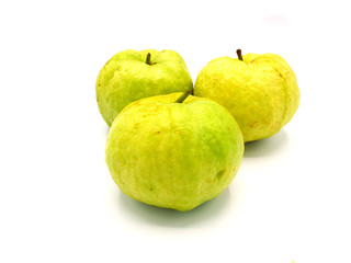Three fresh guava fruit isolated on white background.