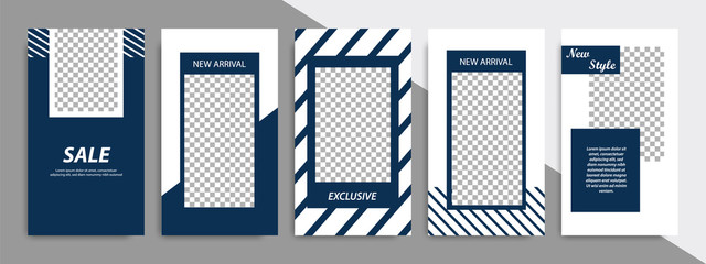 Set of minimalist dark blue indigo geometric shape banner template background. Suitable for social media stories, story, product catalog, expandable and roll vertical banner, flyer and brochure.