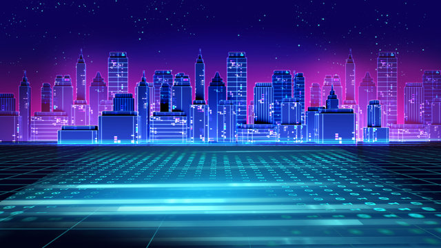 Digital City Scape With Retro Style Elements 3d Illustration