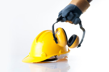 Worker wear leather glove and pick up the safety glass on white background.