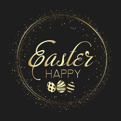Happy Easter card with golden eggs and sparkles. Vector.