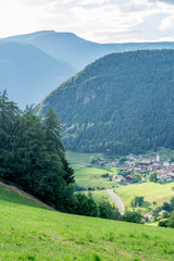 Alpe di Siusi, Seiser Alm with Sassolungo Langkofel Dolomite, a large green field with a mountain in the background