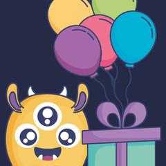 crazy monster with gift and balloons helium character