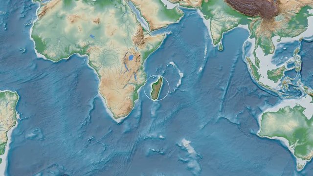 Madagascar area presented against the global physical map in the Patterson Cylindrical projection with animated oblique transformation