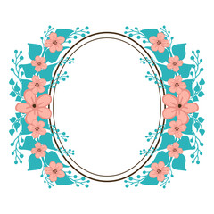 Vector illustration blue leafy flower frame isolated on white backdrop hand drawn
