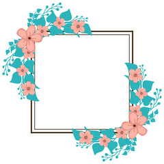 Vector illustration blue leafy flower frame isolated on white backdrop hand drawn