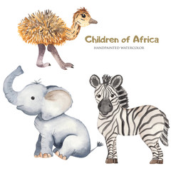 Watercolor cute cartoon African animals. Zebra, giraffe, crocodile, elephant, lion for cards,...
