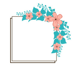 Vector illustration blue leafy flower frame isolated on white backdrop hand drawn