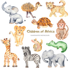 Watercolor cute cartoon African animals. Zebra, giraffe, crocodile, elephant, lion for cards, invitations, logos, baby shower, prints, travels.