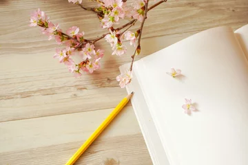 Fotobehang Cherry blossoms and note  サクラとノート © Kana Design Image