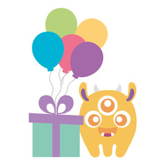 crazy monster with gift and balloons helium character