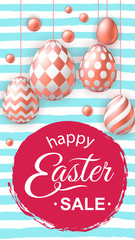 Happy Easter Sale flyer with realistic pink golden eggs on striped background. Template of 3d easter eggs with patten for card, invitation, sale, web, story. Greeting card trendy design