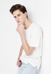 Young Male Model wearing white t-shirt