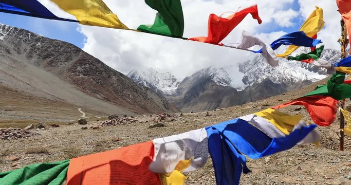 Buddhist prayer flags in Himalaya mountains. Traditions and culture of Ladakh region of north India