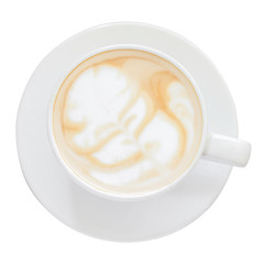 Top view. Hot coffee latte art on cup isolated white background.