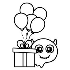 crazy monster with gift and balloons helium character