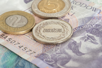 Banknoten und Münzen Polnische Zloty PLN und die Verschuldung in Polen