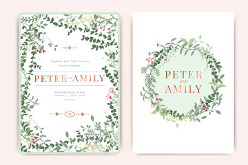 Wedding Invitation, floral invite thank you, rsvp modern card Design in summer leaf greenery  branches decorative Vector elegant rustic template