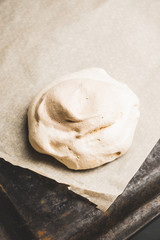 Chocolate meringue dessert decorated with glaze and chocolate powder. Selective focus.