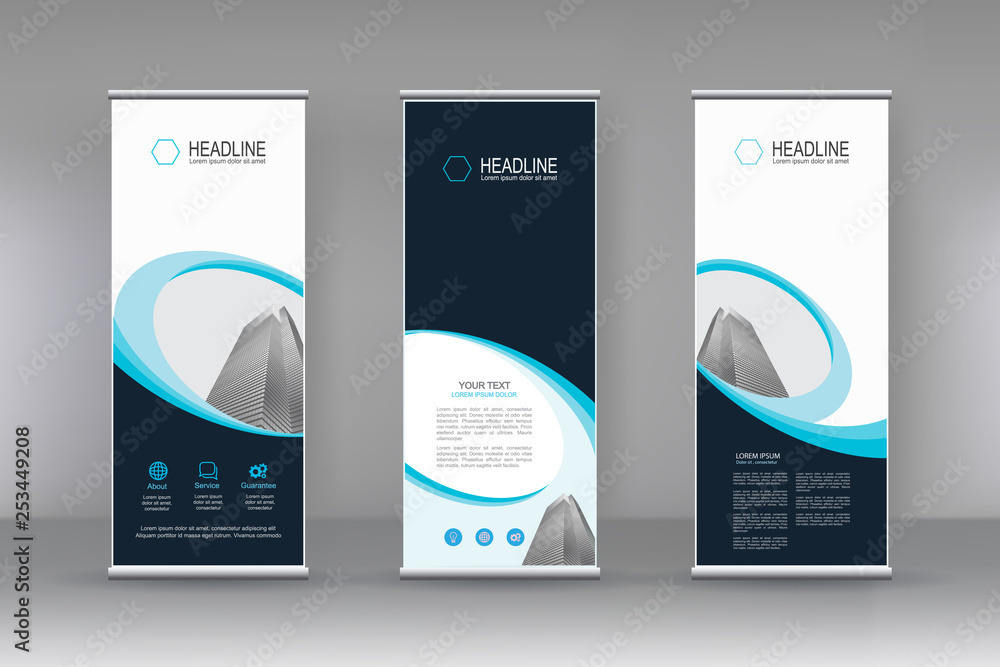Poster vector vertical banner. banner design in three different shape with building illustration. abstract 