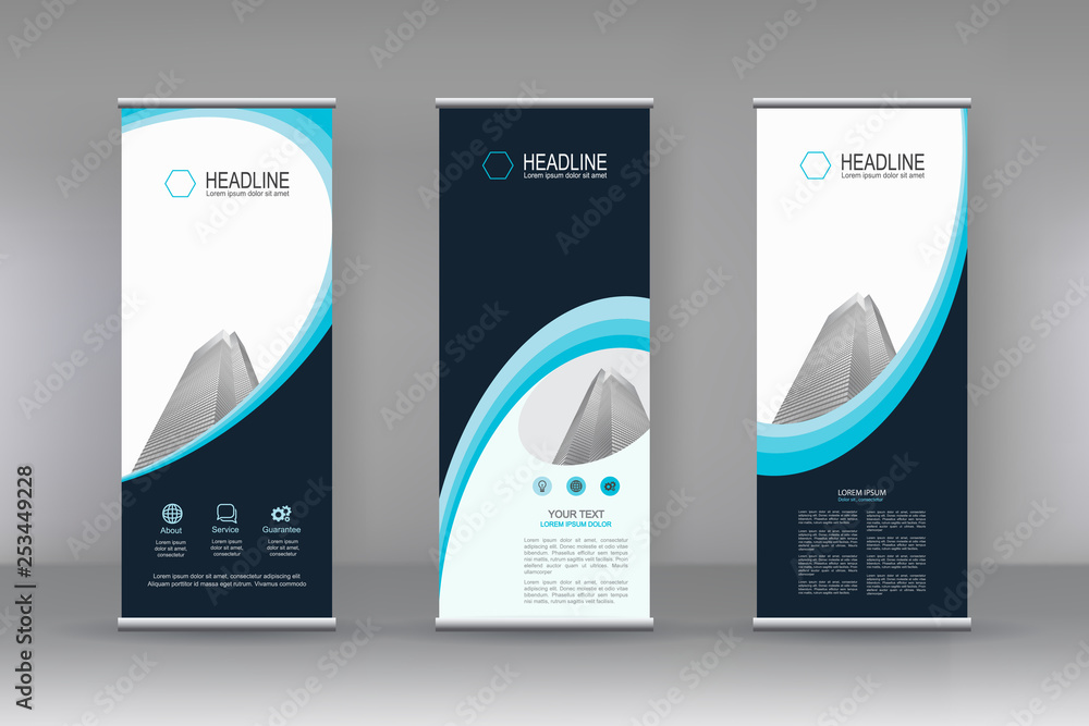Poster vector vertical banner. banner design in three different shape with building illustration. abstract 