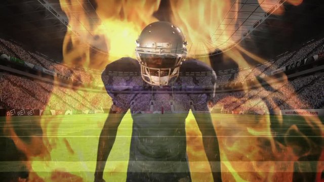 Angry american football of player with fire behind him 