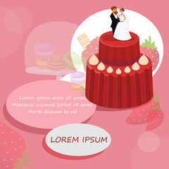 Wedding Red Cake with Newlyweds Vector Drawing