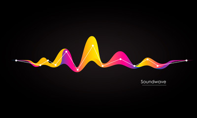 Vector abstract background with a colored dynamic waves, line and particles. Vector Illustration waveform.
