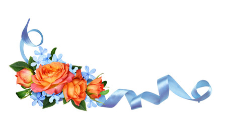 Orange roses and blue small flowers with silk ribbon in a corner arrangement