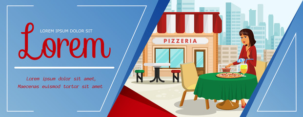 Woman having Lunch at Pizzeria Color Illustration