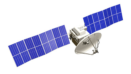 Industrial illustration of space satellite with huge sun panels isolated on clear white background - 3D Illustration