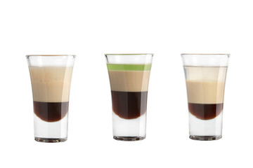 Alcohol shots on a white background. Three popular shots.