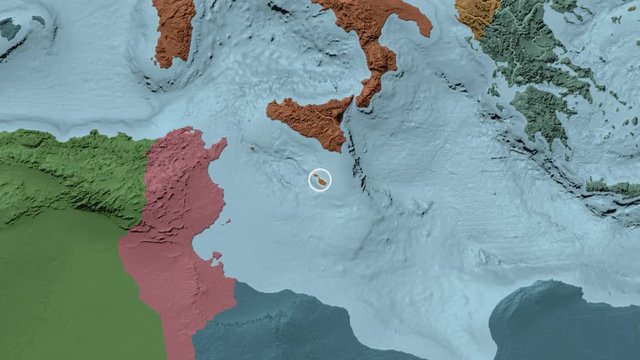 Malta area presented against the global administrative map in the Patterson Cylindrical projection with animated oblique transformation