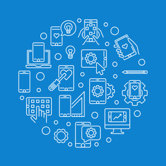 Fototapeta na wymiar Mobile application development vector round white concept outline illustration with blue background