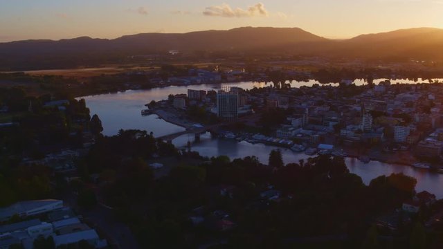 aerial view of downtown Valdivia during sunrise, Region de Los Rios, Chile