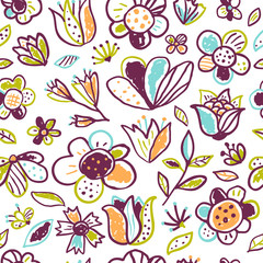 Vector floral seamless pattern in doodle style on a white background. Useful for textile print, page fill, wrapping paper, web design