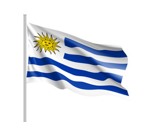 Waving flag of republic Uruguay. Realistic iIllustration of South America country flag on flagpole. 3d vector icon isolated on white background