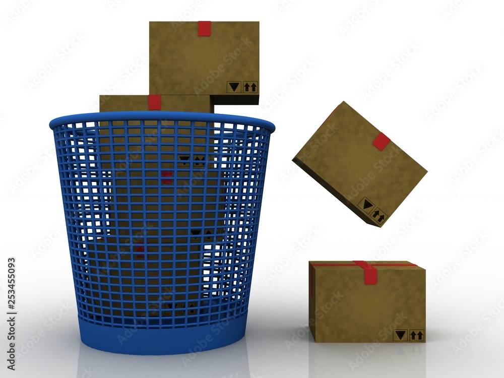 Poster 3d rendering cardboard boxes in recycle bin