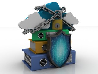 3d rendering cloud lock with folder network near shield