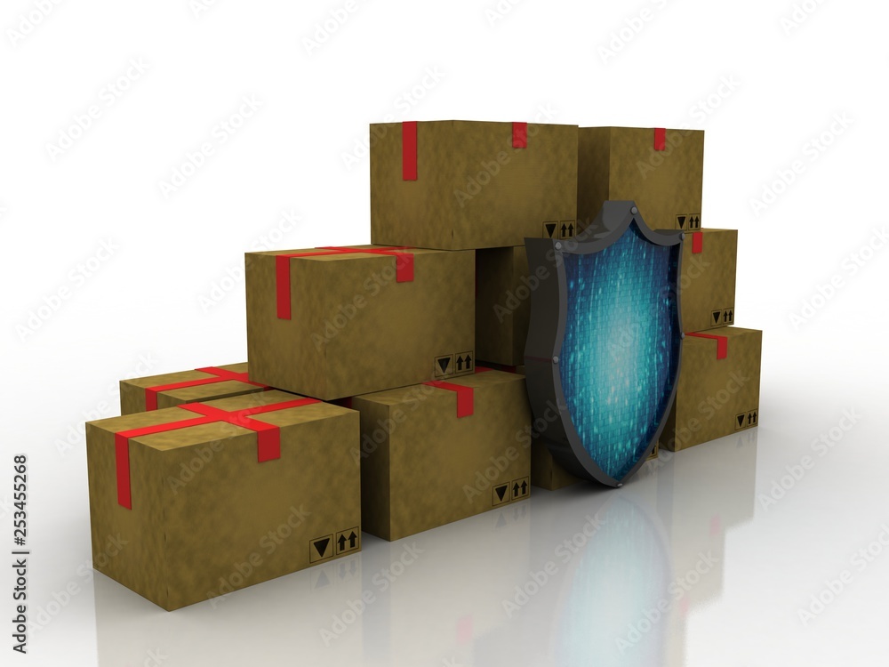 Poster 3d rendering cardboard boxes with shield