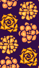 Seamless texture with succulents cut out of paper in orange color with a top view on violet background. Vector neon pattern for fabrics, wallpaper and for your design