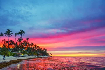 Fototapeten Vibrant sunset over tropical beach and palm trees in Dominican republic © sborisov
