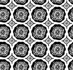 Retro ceramic hand drawn tile repeating seamless pattern. Porcelain background design, black and white floral decoration, architectural vintage wallpaper, textile fabric