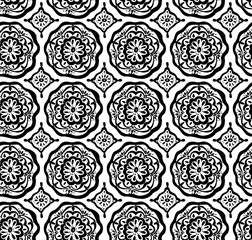 Retro ceramic hand drawn tile repeating seamless pattern. Porcelain background design, black and white floral decor, architectural vintage wallpaper, textile fabric