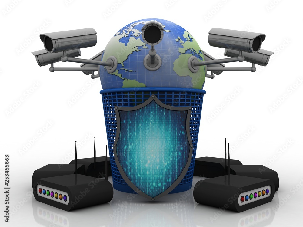 Poster 3d rendering surveillance cctv security camera connected globe in recycle bin with shield around mod