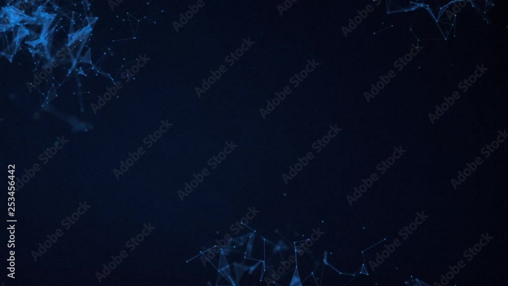 Poster abstract animation of awesome geometric shapes with moving lines, dots and triangles on a blue dark 