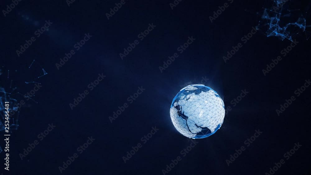 Poster abstract animation of the earth globe rotating with plexus particles around on the blue dark backgro