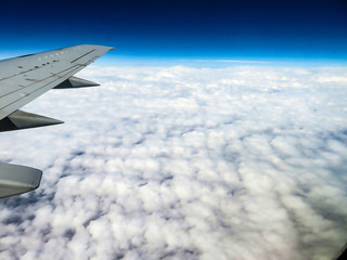 airplane wing on a background of clouds